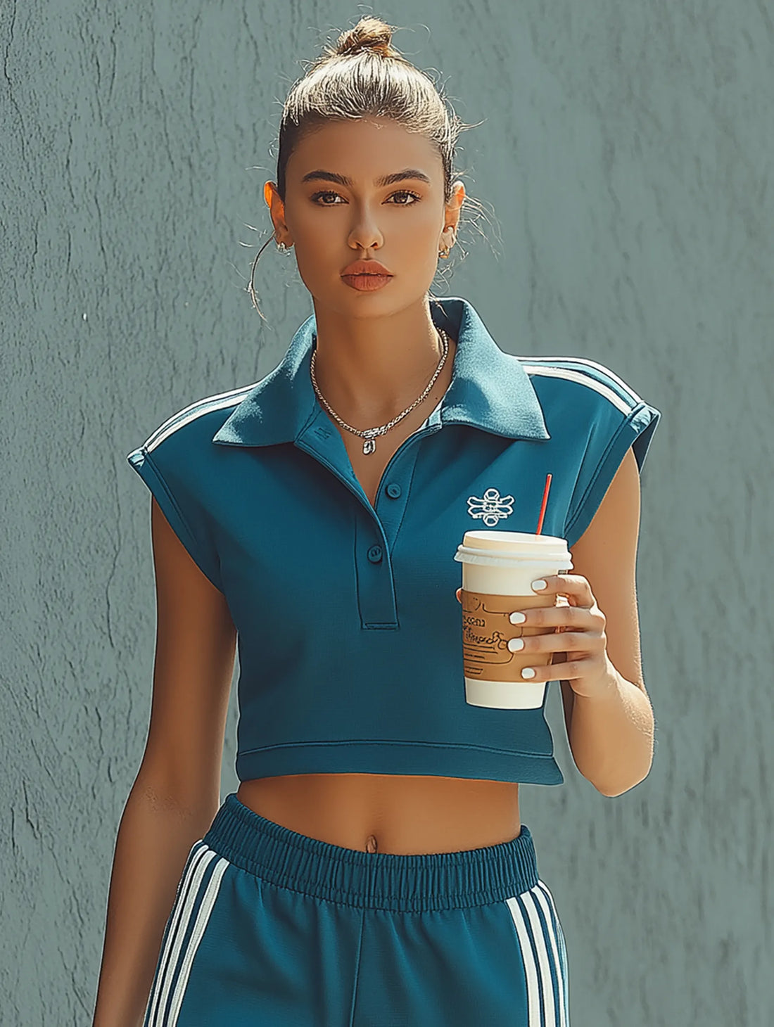 Women's Sporty-Casual Set: Sleeveless Collared Cropped Sweatshirt & Flared Pants MDZ1606D7Y