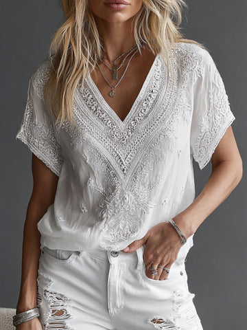 Women's Vintage Floral Embroidered Short Sleeve Casual T-shirt