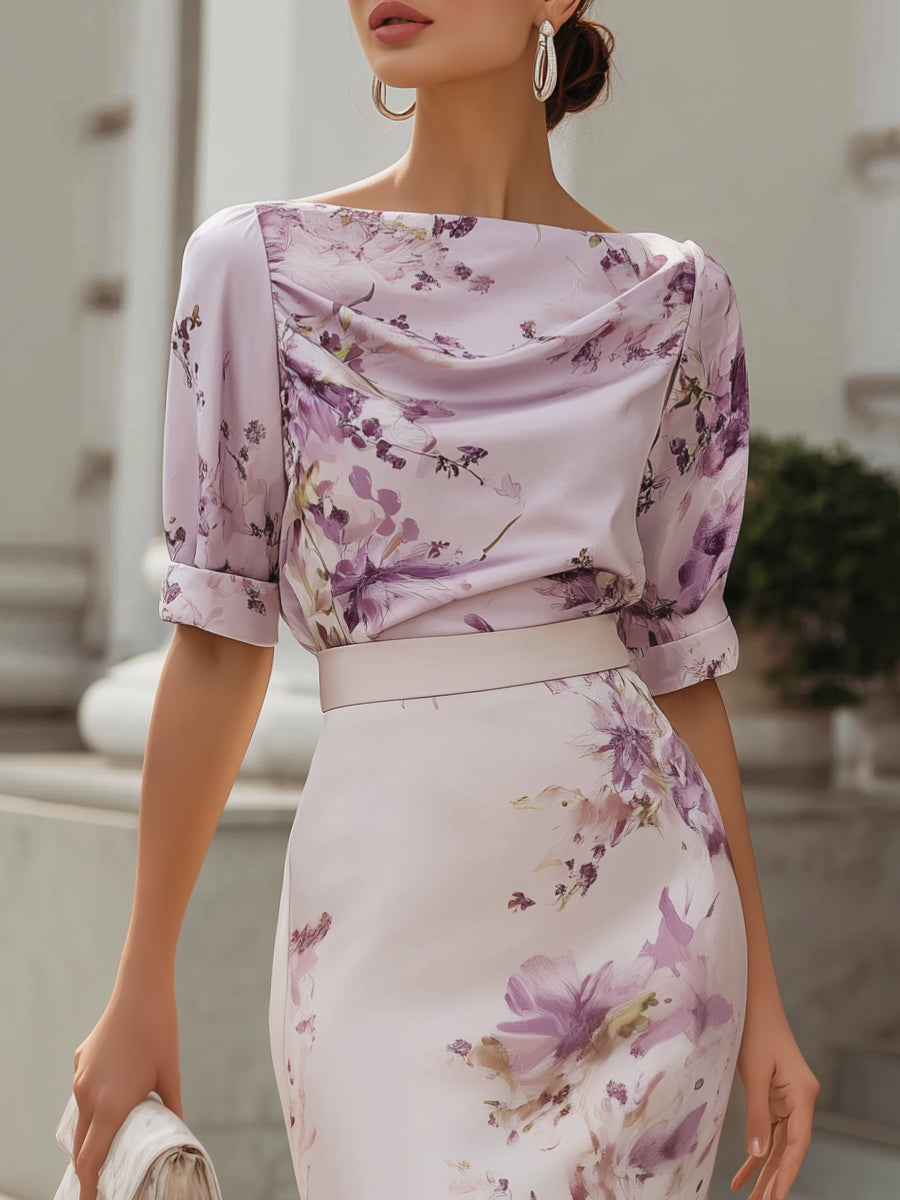 Floral Print Draped Neck Structured Pencil Midi Dress