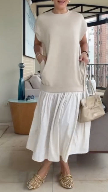 Beige Patchwork Fake Two-Piece Midi Dress