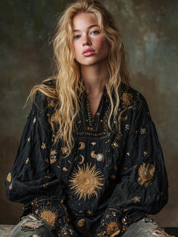 Mysterious Moon Sun V-neck Embroidered Loose Top