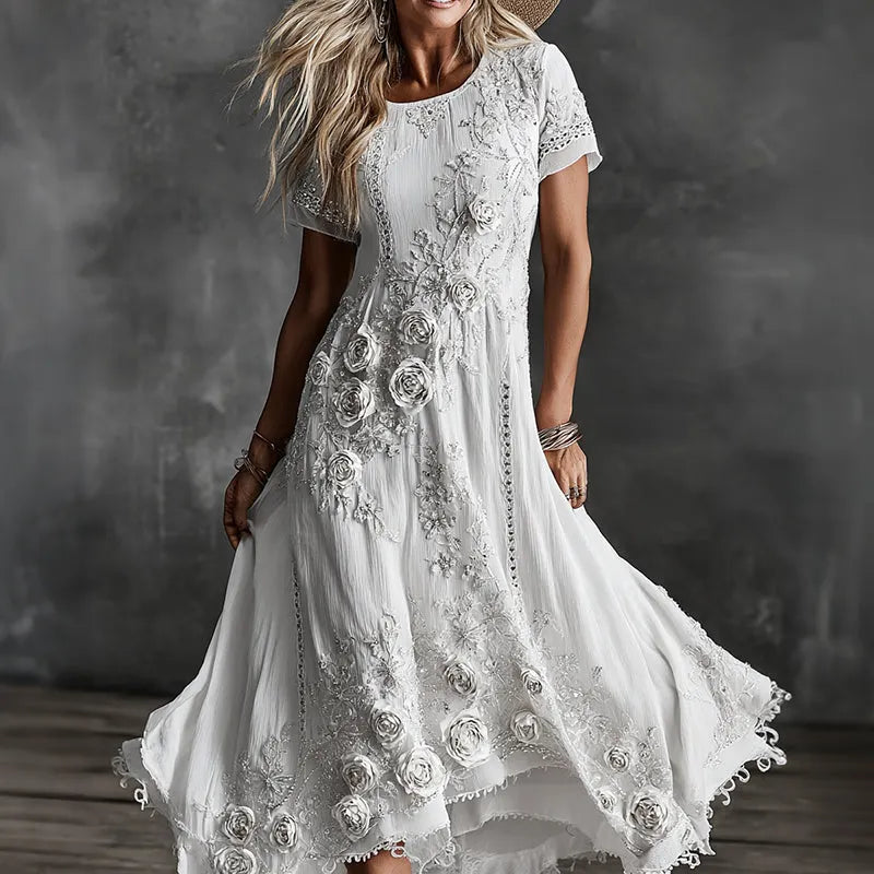Women's Vintage Rose Floral Art Linen Blend V Neck Maxi Dress