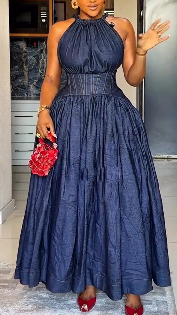 Women Round Neck Sleeveless Waist Cinched Elegant Temperament Dress
