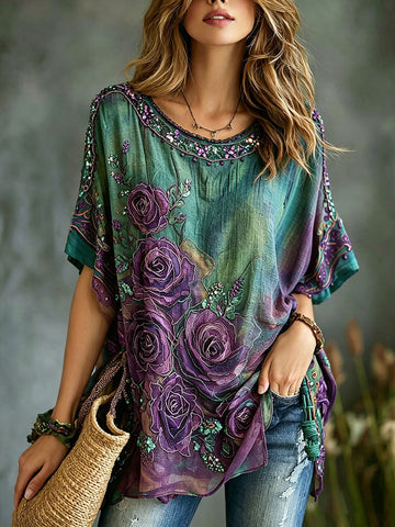 Women's Vintage Romantic Floral Art Linen Blend T-shirt