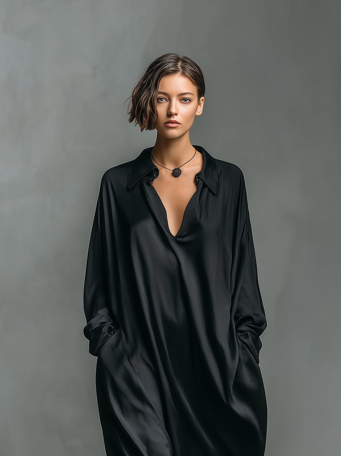 Women's Fashionable Casual Black Glossy Satin Long-sleeved Loose-fitting Maxi Dress With Pockets MDA2476K9AN