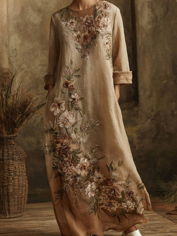 Women's Floral Embroidered Linen Long-sleeved Dress