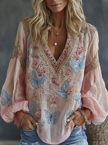 Women's Print Flowy Linen Blend Casual Tops