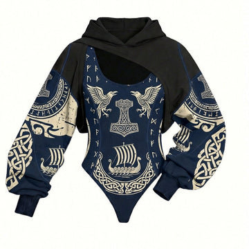 Viking Print Women's Hooded Jumpsuit Two-Piece Set