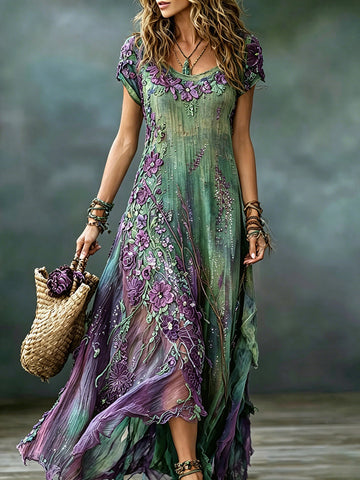 Women's Vintage Romantic Floral Art Linen Blend Round Neck Maxi Dress