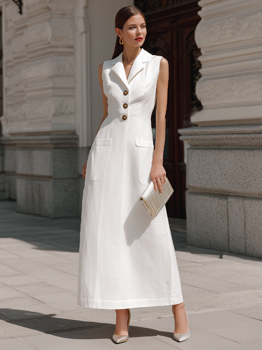 Structured Button-Front Sleeveless Tailored Maxi Dress