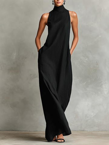 Women's Black Linen-Blend Maxi Dress With High Neck & Side Pockets, Timeless Minimalist Casual Dress MDZ2597D7LYL