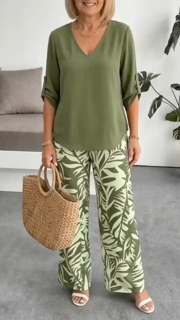 V Neck Top & Tropical Leaf Print Wide Leg Pant Two Piece