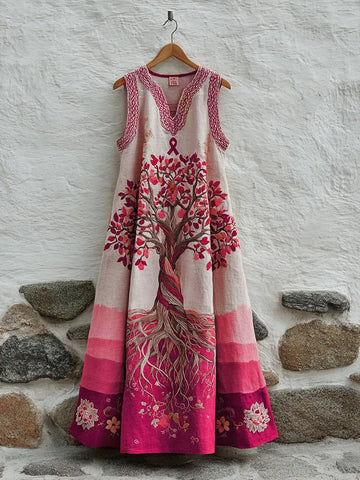 Women's Tree Of Life Pink Ribbon Embroidery V Neck Tank Midi Dress