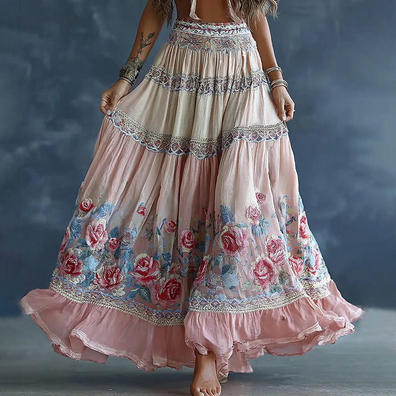 Women's Spring Floral Embroidered Art Print Flowy Linen Blend Casual Skirt