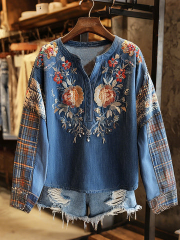 Retro Boho Floral With Plaid Denim Patchwork Pattern Women's Top