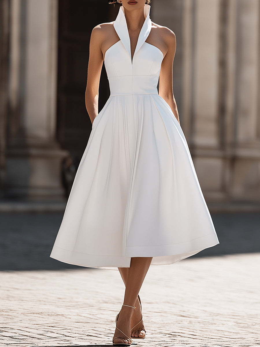 Structured Halter Collar A-Line Midi Dress