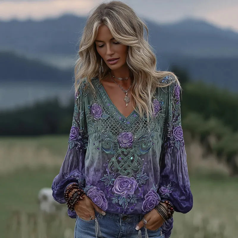Women's Vintage Purple Rose Embroidered Pattern Art Long Sleeve T-shirt