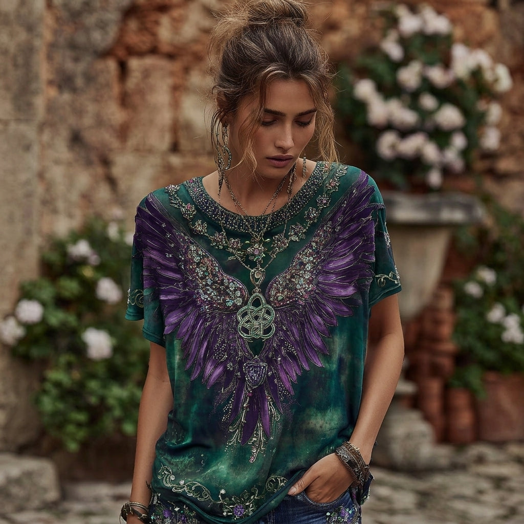 Women's Retro Wings Floral Art Embroidery Cotton Linen T-shirt