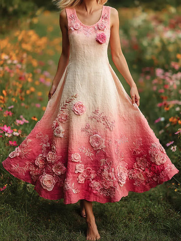 Pink Floral Embroidered Vintage Linen Tank Maxi Dress