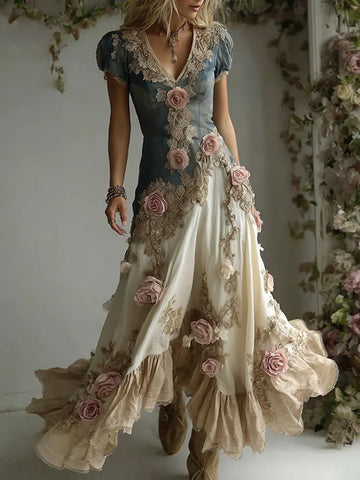 Women's Bohemian Pink Rose Patchwork Art V-neck Short Sleeve Maxi Dress
