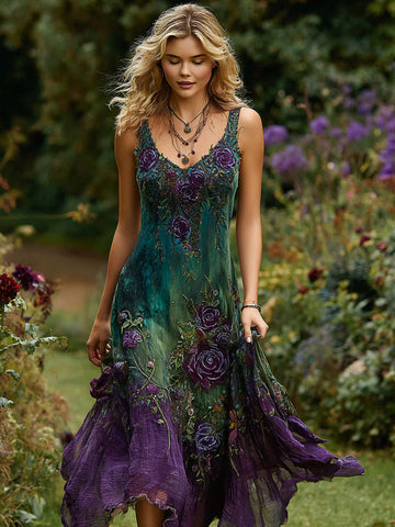 Women's Retro Purple Rose Pattern Casual Sleeveless Dress