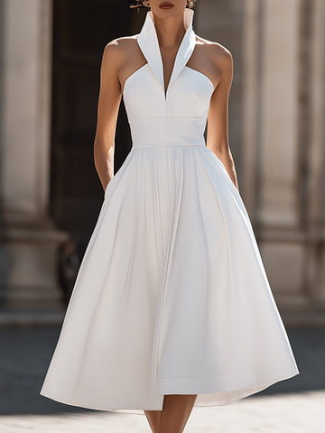 Structured Halter Collar A-Line Midi Dress