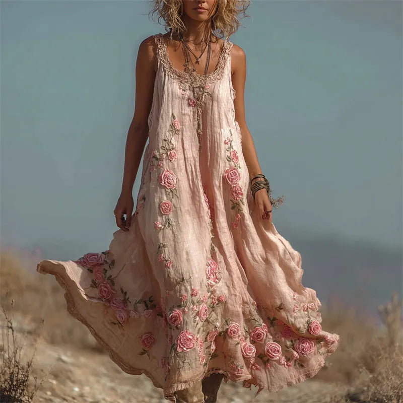 Boho Pink Roses Floral Embroidered Flowy Linen Maxi Dress