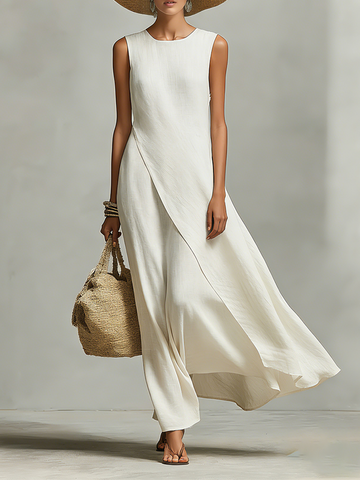 Women's Ivory Breathable Linen Dress With Sleeveless Detail & Asymmetric Hem, Contemporary Casual-Feminine Style Dress MDZ0408C2I