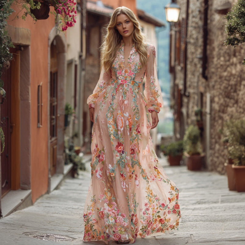 Women's Floral Art Print Linen V-neck Long Sleeve Dress