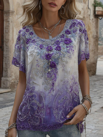 Women's Retro Floral Art Embroidery Casual Cotton Linen T-shirt