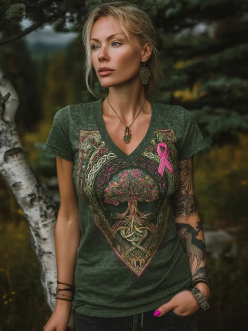 Celtic Tree Of Life & Pink Ribbon Embroidered Comfy T Shirt
