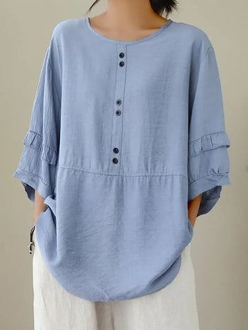 Women's Solid Color Casual Round Neck Button Cotton Linen Shirt