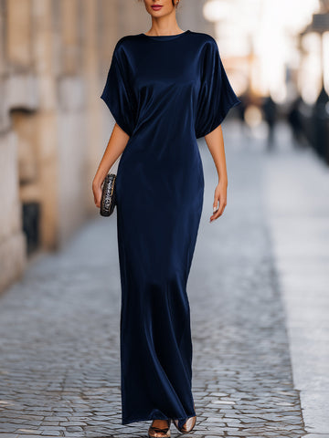 Relaxed Batwing Sleeve Fluid Column Maxi Dress
