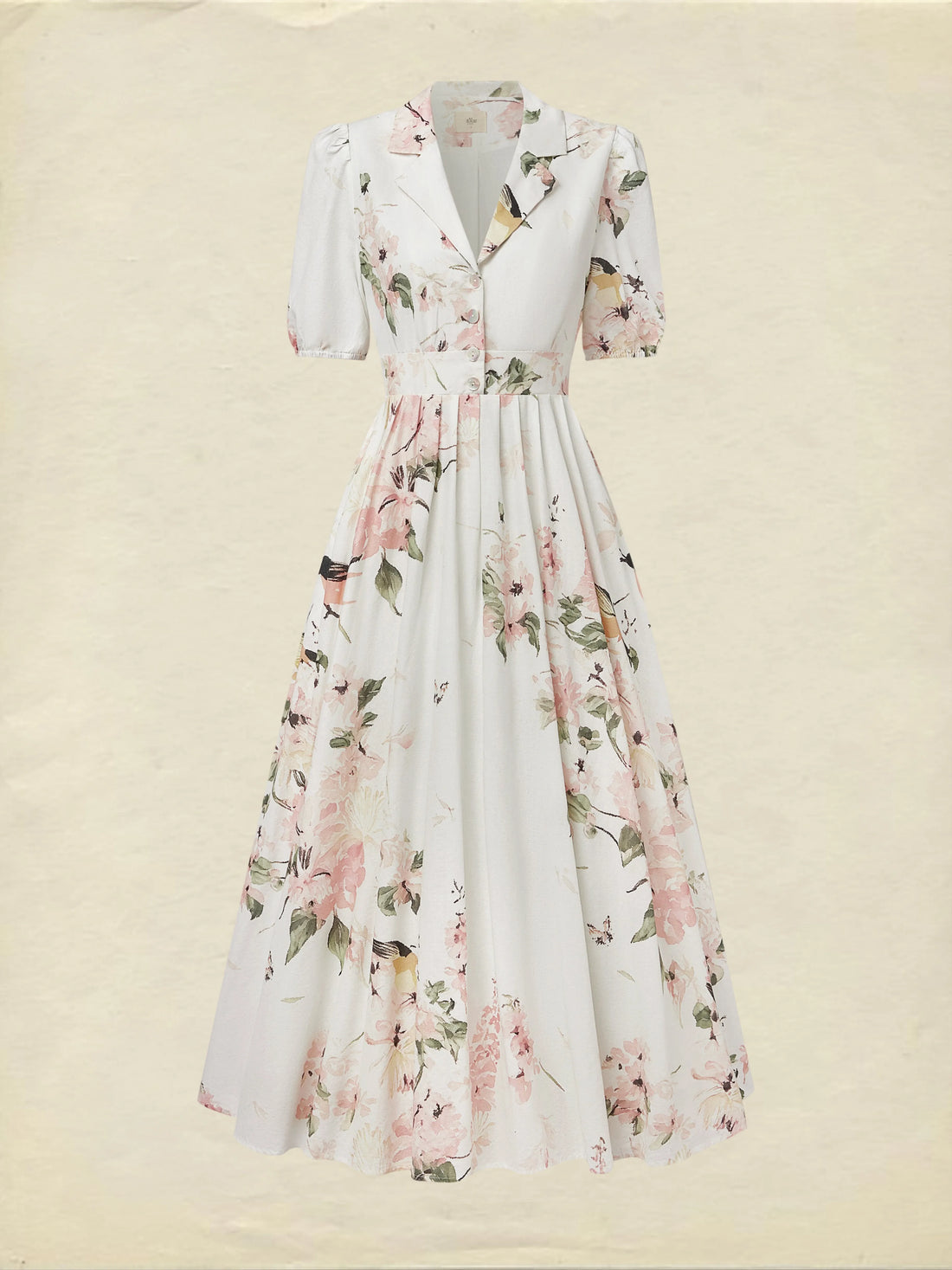 Linen Maxi Dress, Balloon Sleeve, Shawl Collar, Floral, Vintage, White