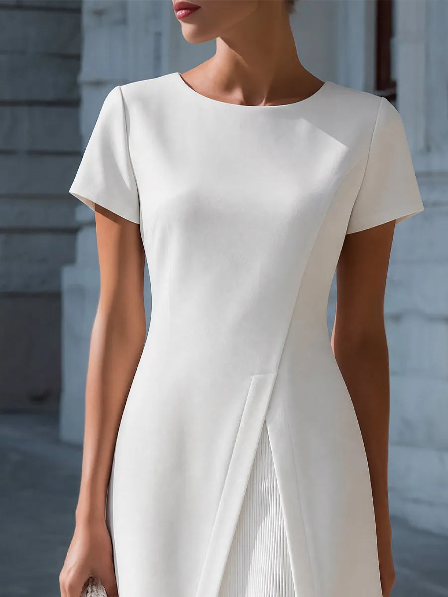Pleated Panel Short Sleeve A-Line Dress