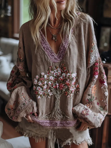 Women's Vintage Tribal Tree Of Life Floral Art Casual Shirt