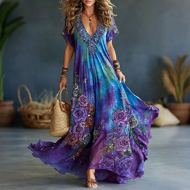 Women's Romantic Floral Art Linen Blend Mini' Dress