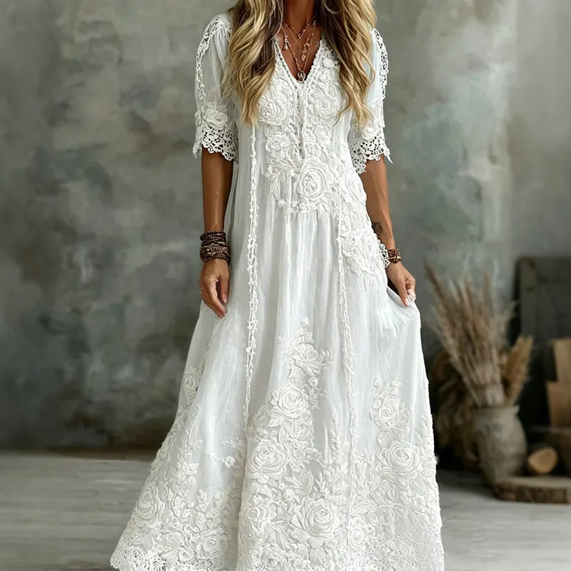 Women's Vintage White Rose Floral Art Linen Blend V Neck Maxi Dress