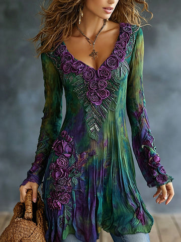 Women's Vintage Romantic Floral Art Linen Blend Mini Dress