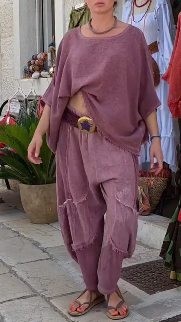 Mauve Frayed Linen Two Piece Set