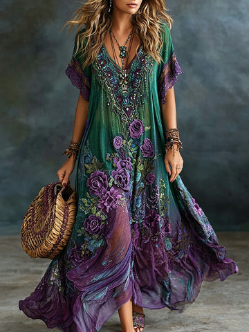 Women's Vintage Romantic Floral Art Linen Blend V Neck Maxi Dress