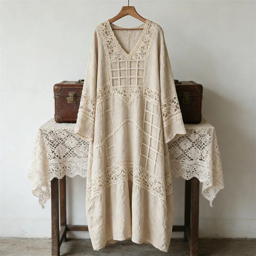 Boho Geometric Lace Floral Patchwork Vintage Women's Linen V-neck Maxi Dress