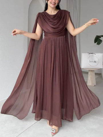 Elegant Cowl Neck Chiffon Cape Sleeve Maxi Dress