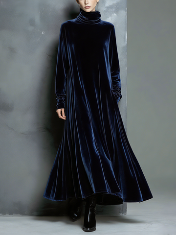 Women's Elegant Navy Blue Velvet High-neck Long-sleeved Loose-fitting Maxi Dress MDZ1680A8AN