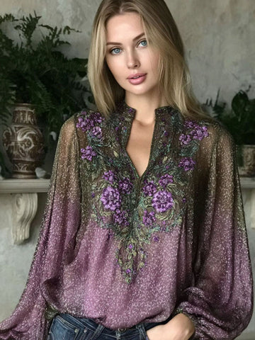 Women's Retro Exquisite Sparkling Floral Embroidery Cotton Linen Long-sleeve T-shirt