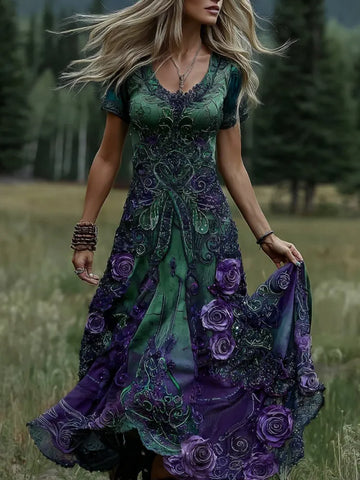 Women's Vintage Floral Gradient Art Crew Neck Maxi Dress