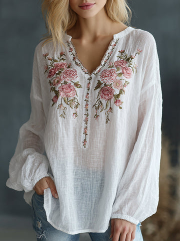 Women's Vintage Floral Embroidered Art Print Flowy Linen Blend Casual Tunic