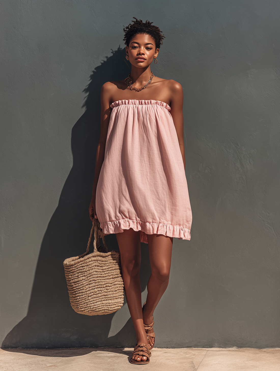 Women’s Blush Pink Linen-Blend Strapless Ruffle Trim Mini Sundress MDZ1722D0T