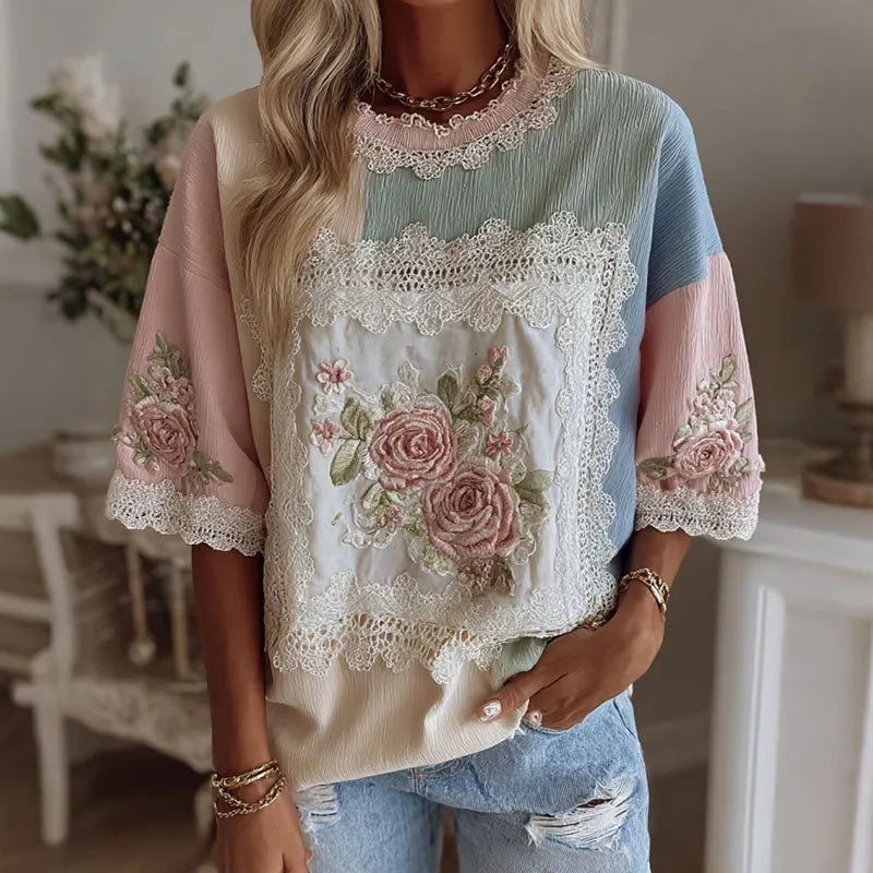 Women's Retro Flower Embroidery Art Patchwork Crew Neck Short Sleeve T-shirt