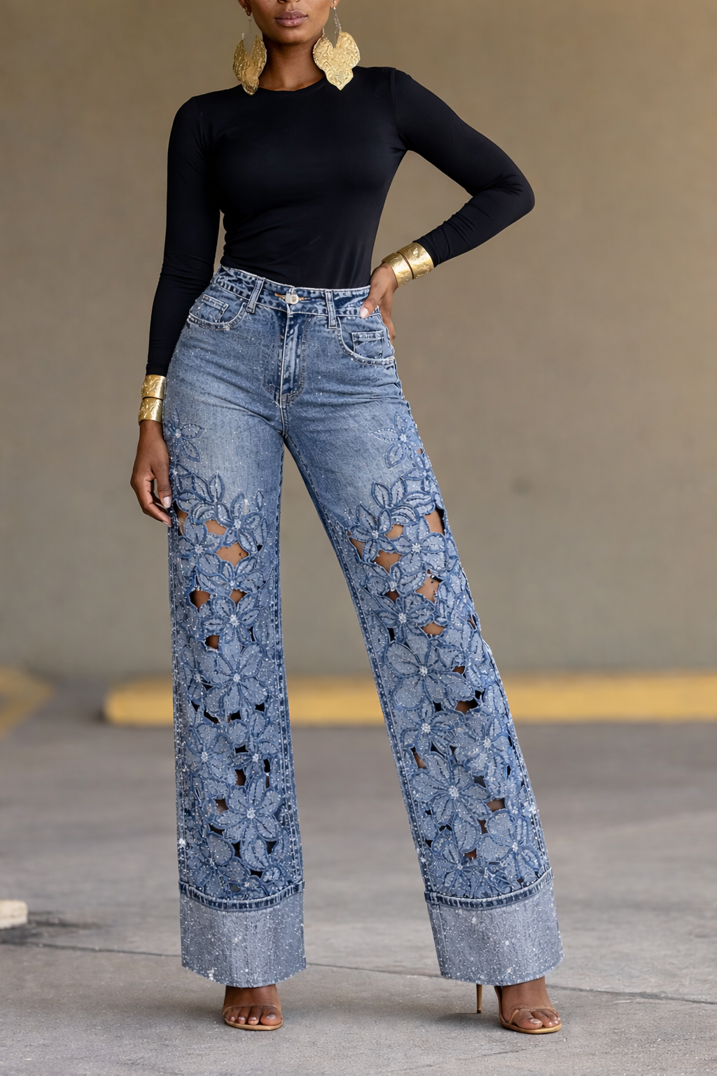 Light Blue Floral Cutout Rhinestone Wide Leg Jeans